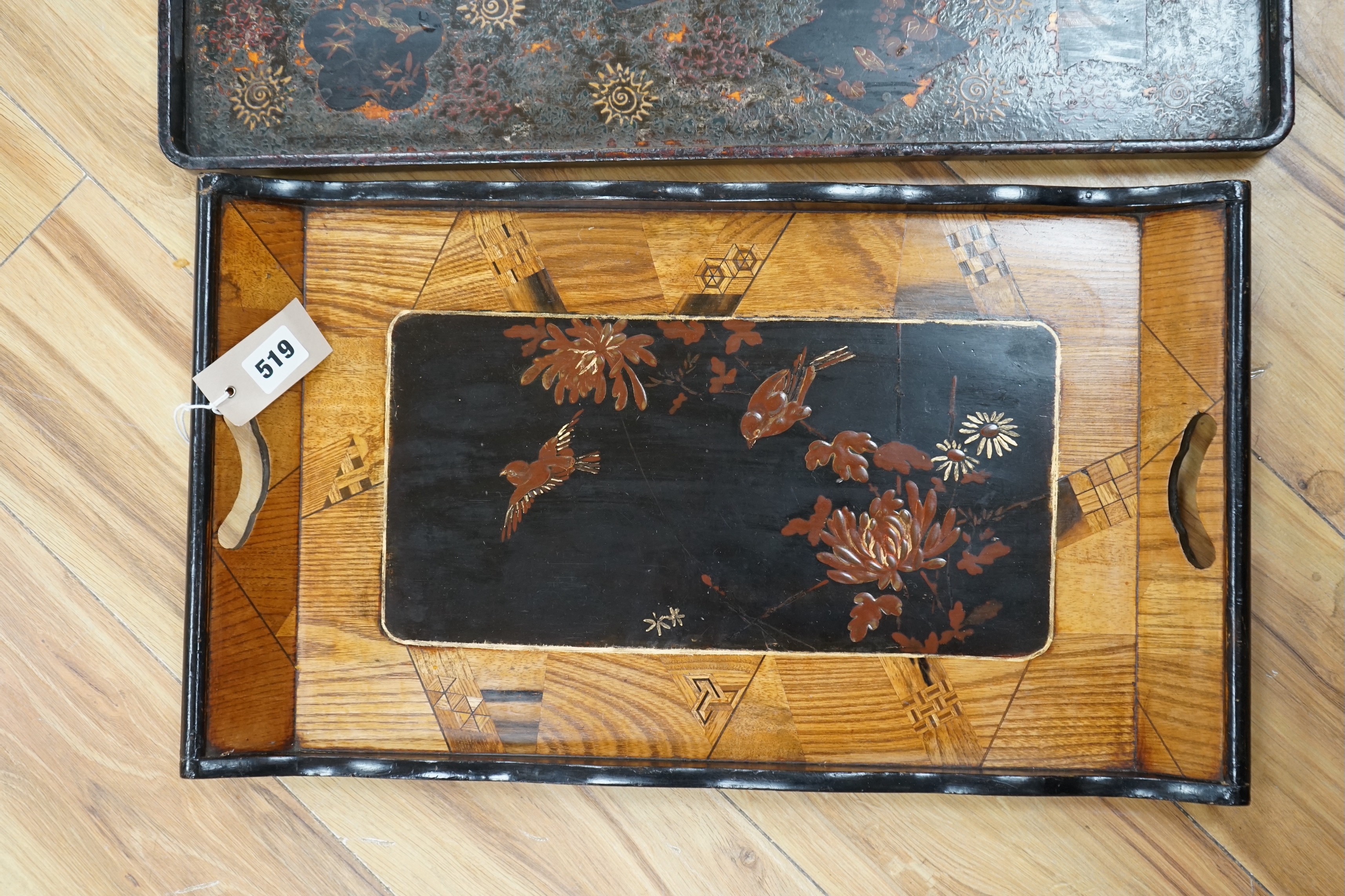 Two Japanese trays, page turner walking stick